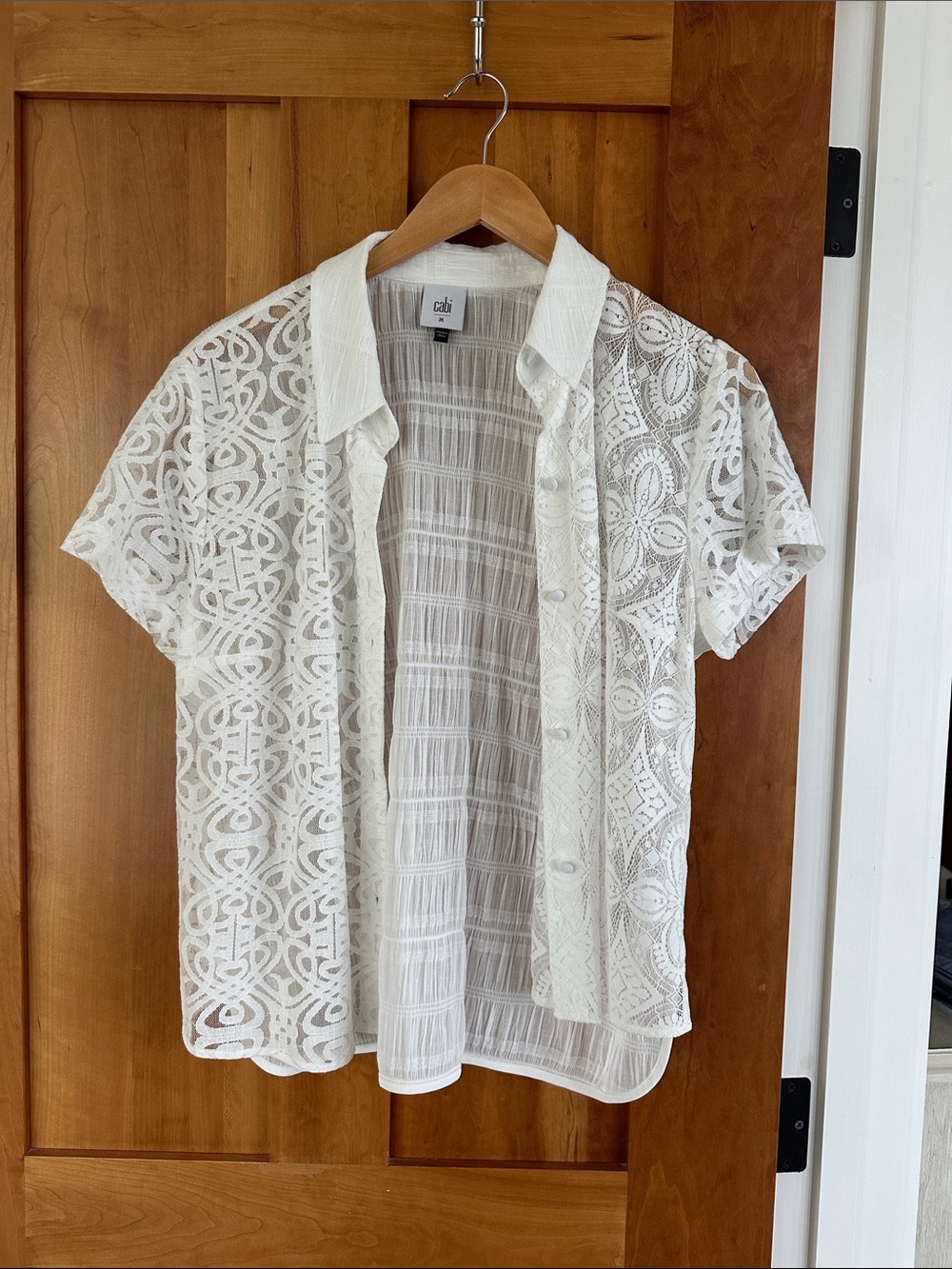 CAbi White Lace Short-Sleeve Button-Front Shirt